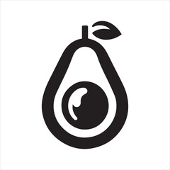 Simple Black and White Avocado Icon with Leaf and Seed Detail.