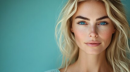 Fototapeta premium Close-up portrait of a young woman with long blonde hair and striking blue eyes against a soft blue background, expression calm and confident