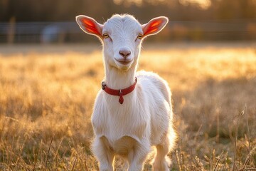 Obraz premium Close-up of a white goat with a red collar standing in a sunlit dry grassy field during golden hour, conveying a calm and peaceful mood