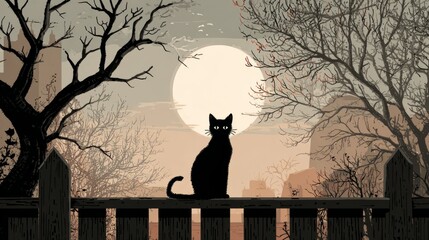 Black Cat on the Fence Under the Spooky Moonlight