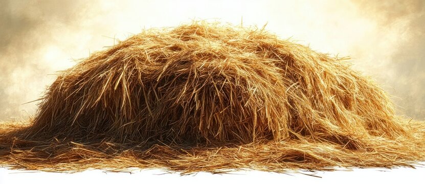 Large, loosely piled stack of golden dry straw or hay with scattered strands on white surface under warm light