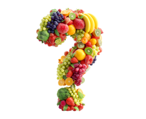 Colorful question mark made from various fruits isolated on a transparent background