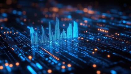 Glowing blue digital data visualization with bar graph and illuminated grid lines in a futuristic technology environment