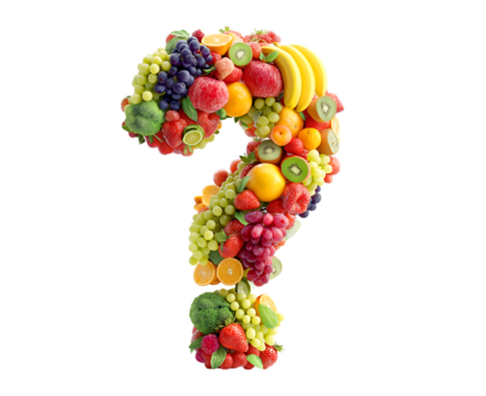 Colorful question mark made from various fruits isolated on a transparent background