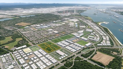 A detailed, technical blueprint showcasing urban planning and city zoning. A layout of a city, including residential, commercial, industrial zones and transportation routes and green spaces.