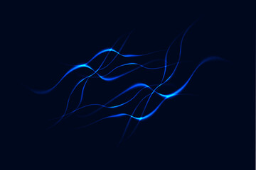 Abstract glowing blue wavy lines with particle effects creating a dynamic light trail on a dark background. Vector illustration for modern design