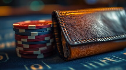 Poker Chips Stack and Leather Wallet on Blue Casino Table