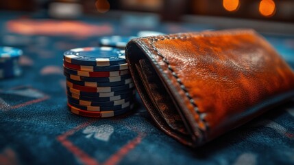Poker Chips and Leather Wallet on Blue Table