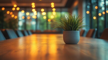 Potted Plant on Wooden Table in Room with Chairs and Lights