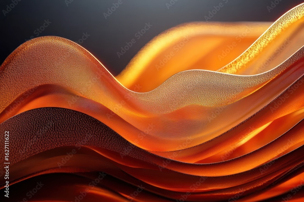 Aufkleber close-up of glowing amber and orange translucent flowing waves with textured surfaces creating a war