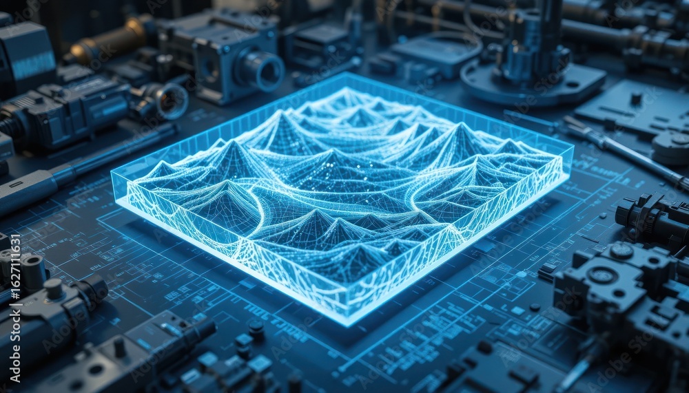 Poster digital terrain modeling: advanced 3d topographic data visualization on futuristic tech surface