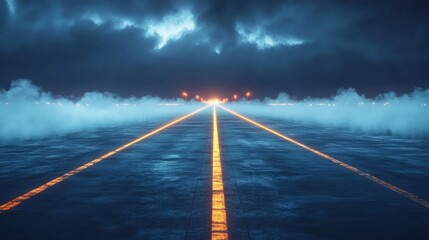 Foggy runway illuminated by bright yellow guiding lights stretching into the distance under a moody, cloud-filled night sky