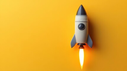 Toy rocket launching against a bright yellow background with glowing flame, symbolizing innovation and futuristic aspiration