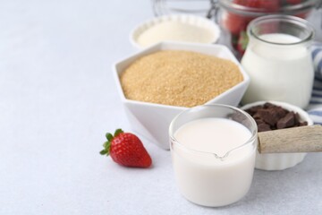 Different ingredients for panna cotta. Milk, sugar, vanilla, chocolate and strawberries on white table, closeup. Space for text