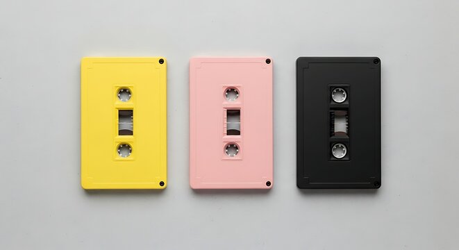 Nostalgic audio: Colorful retro cassette tapes in yellow, pink, and black hues