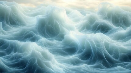 Obraz premium Abstract surreal waves of translucent, glowing blue and white fibers resembling a dynamic ocean under a soft cloudy sky