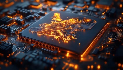 Close-up of a glowing circuit board with an illuminated map of Europe showcasing technology and connectivity with bright orange lights on a dark microchip platform