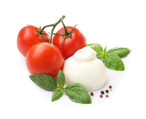Tasty mozzarella cheese ball, tomatoes, basil and peppercorns isolated on white