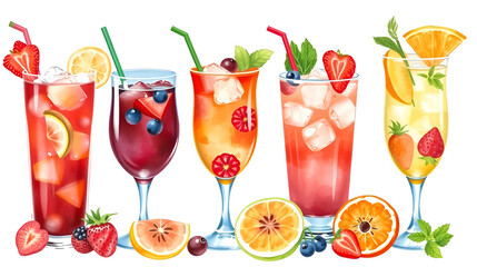 Hand-Painted Collection of Refreshing Mixed Drinks with Fruits and Ice, drink illustration, watercolor food art