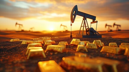 Oil pumpjack operating on a field scattered with gold bars under a vibrant sunset sky symbolizing wealth and energy extraction