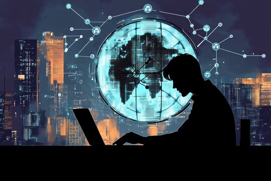 Silhouette of a person working on a laptop with a digital globe and network connections overlay in a futuristic cityscape at night