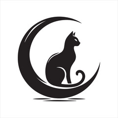Elegant Silhouette of a Cat Perched Within a Stylized Crescent Moon.