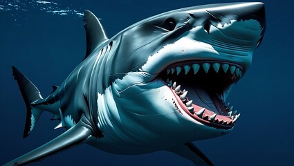 Fierce great white shark with open mouth and sharp teeth underwater ocean