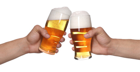 Men clinking their glasses of beer together against white background