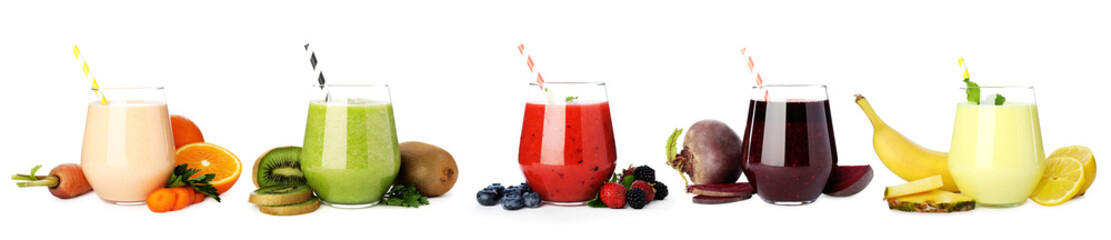 Superfood. Different smoothies in glasses and fresh ingredients isolated on white, set