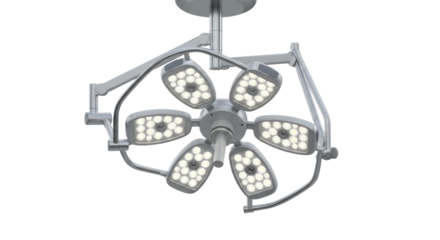 Modern Surgical Lighting System Featuring Six Led Clusters with Articulated Arm on Transparent Background for Advanced Medical Operation Illumination