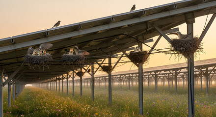 Birds nesting under elevated solar panels in a rural field, coexistence of technology and wildlife.
