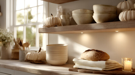 Cozy kitchen shelf featuring fresh bread, stacks of dishes, decorative gourds, and warm candle lighting.