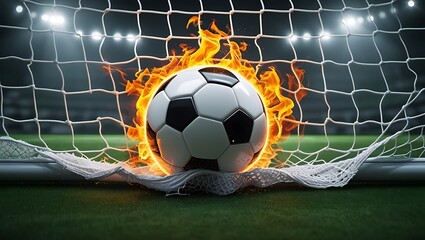 Fiery soccer ball in goal net fire flames