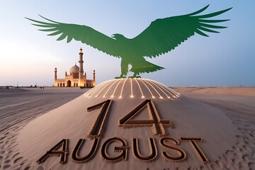Stunning artistic display celebrating 14th August with eagle sculpture, mosque, and illuminated sand dune in desert landscape