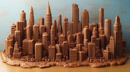 Detailed miniature cityscape sculpture made from chocolate with a variety of skyscrapers and buildings creating an intricate urban skyline