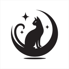 Silhouetted Cat on Crescent Moon Mystical and Elegant Design.