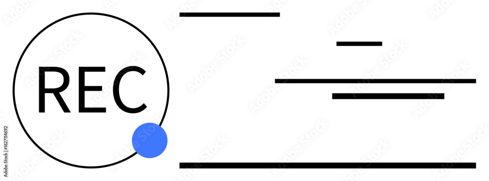 Poster circle with rec text and blue dot indicator, complemented by black horizontal lines. ideal for media