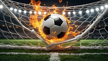 Fiery soccer ball scoring goal in net fire