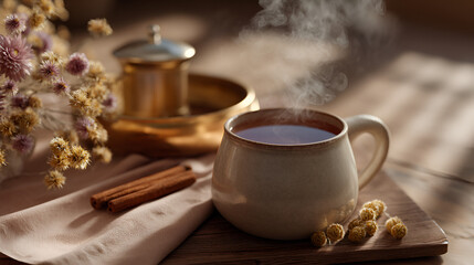Cozy hot tea arrangement with steam, cinnamon, and florals for a relaxing, comforting scene.