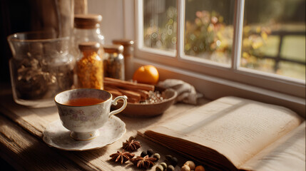 Cozy herbal tea and spice still life by a window. Book, spices and calm atmosphere.