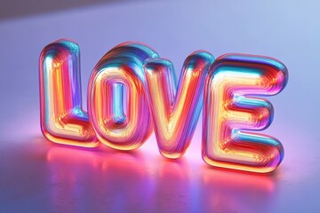 Colorful glowing letters spelling love with a shiny, reflective, neon-like surface on a smooth background, evoking warmth and vibrant energy