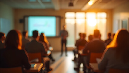 A high-angle blurred shot from the back of a modern conference room shows the blurred silhouettes of young businesspeople listening to a presentation, with a projector screen visible in front.