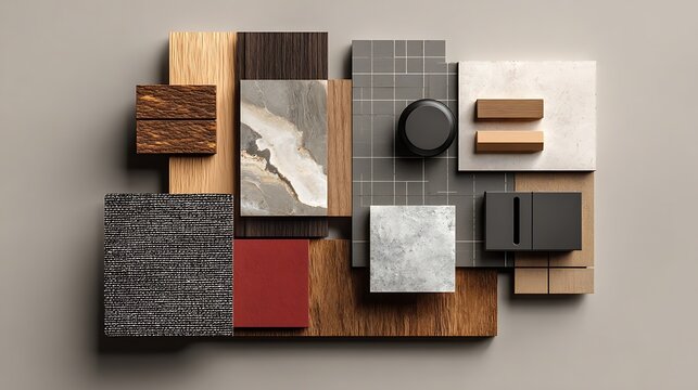 Flat lay design of creative interior design moodboard composition with samples materials like wood textile stone and black switch on blueprint background : Generative AI.