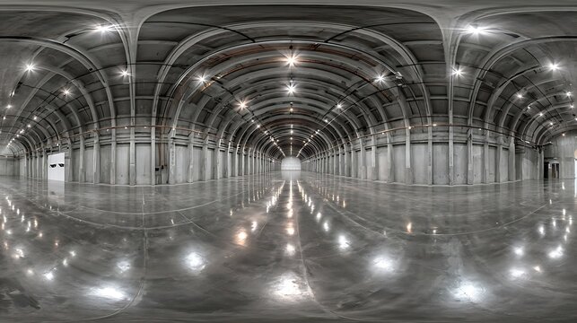full seamless spherical hdri panorama 360 degrees in interior of large empty room as warehouse hangar or gallary with spotlights in equirectangular projection VR AR concept :.