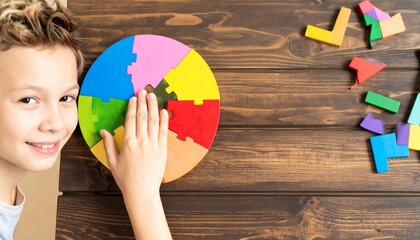 Children’s colorful puzzle toys scattered across a natural wood table. The mix includes wooden shapes, interlocking pieces, and alphabet blocks, arranged playfully in soft daylight, evoking creativity
