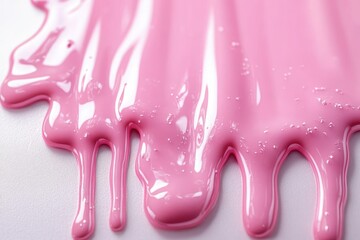 Close-up of glossy pink liquid dripping and spreading smoothly on a white surface, creating a shiny and fluid texture