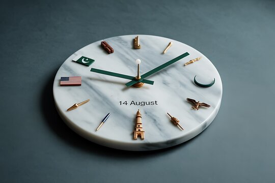 Elegant marble clock design celebrating 14 August, a day of national pride with flag elements and artistic details