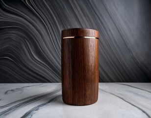 dark brown cylindrical wooden jar on a light marble surface against a wavy dark grey textured background