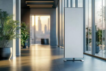 Empty modern office hallway with large windows and potted plants featuring a blank vertical banner stand bathed in soft natural light