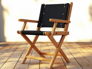 wooden folding chair with black fabric seat and backrest standing on wooden floor with soft sunlight